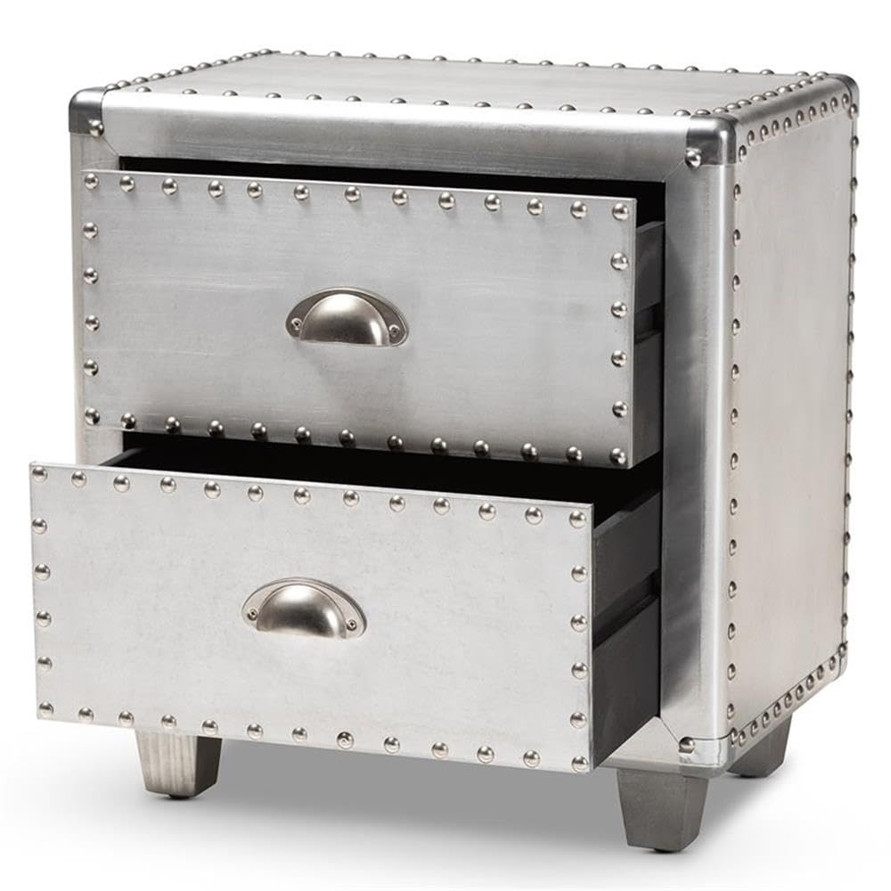 Baxton Studio Davet French Industrial Silver Metal 2-Drawer Nightstand